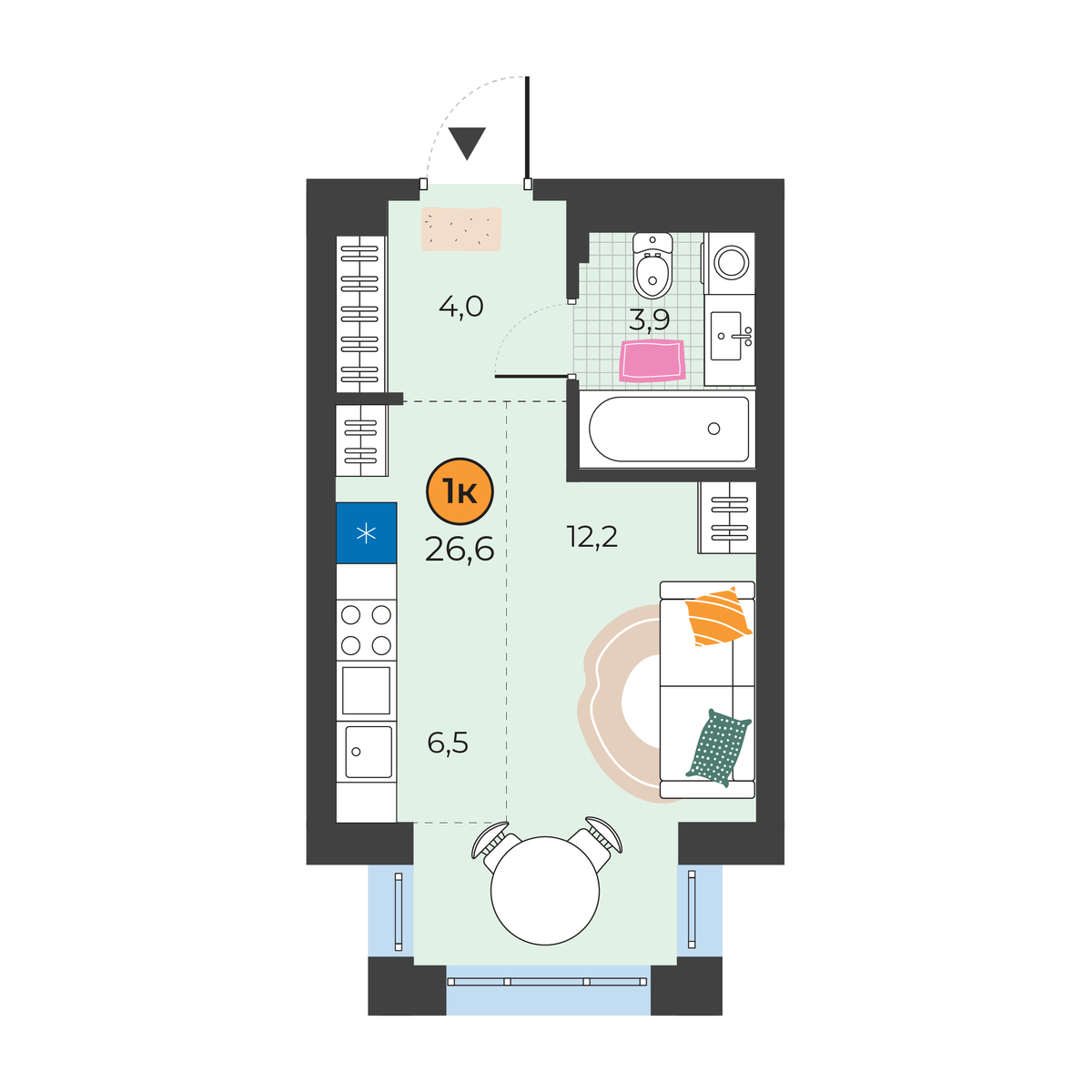 Планировка: Студия 26.6 м² в ЖК Корней, Южный