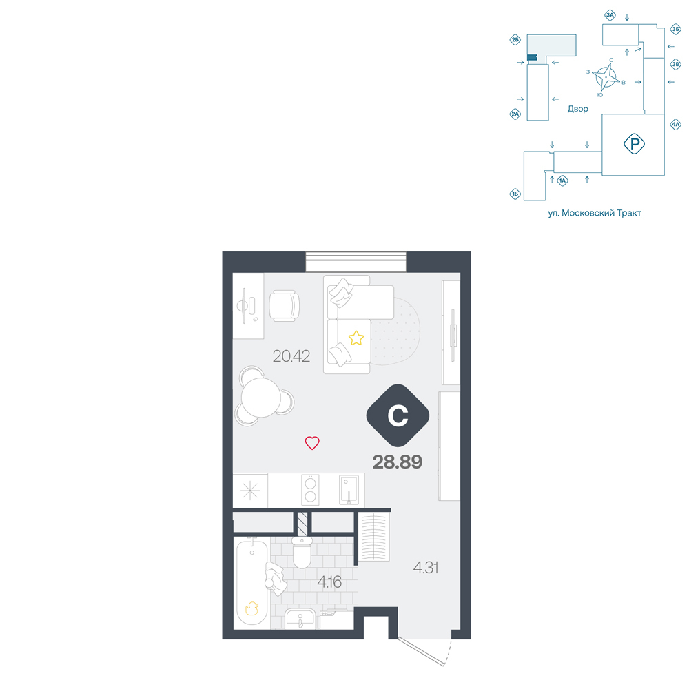 Планировка: Студия 28.9 м² в ЖК Сибирский, Московский тракт