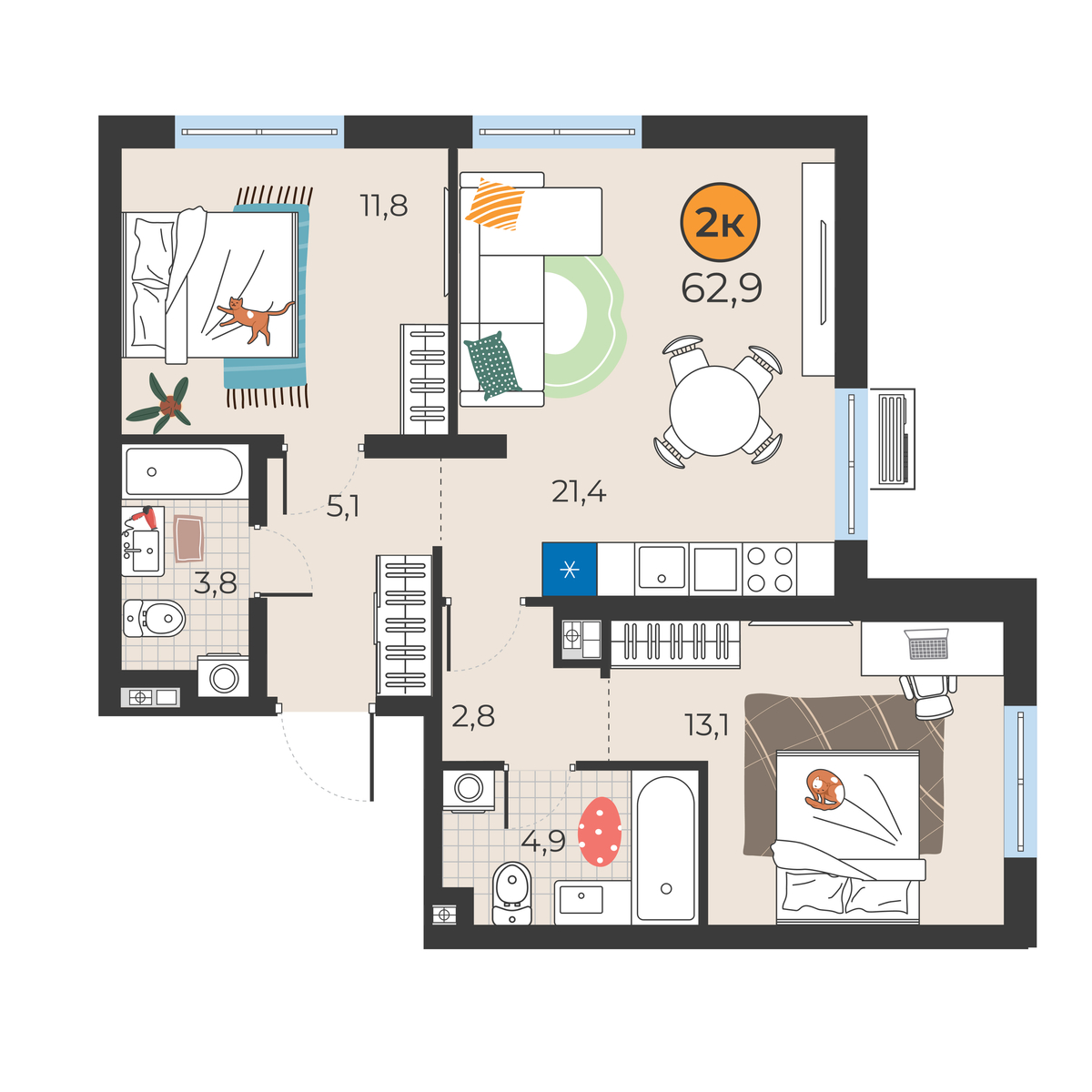 Планировка: Евротрешка 62.9 м² в ЖК Корней, Южный