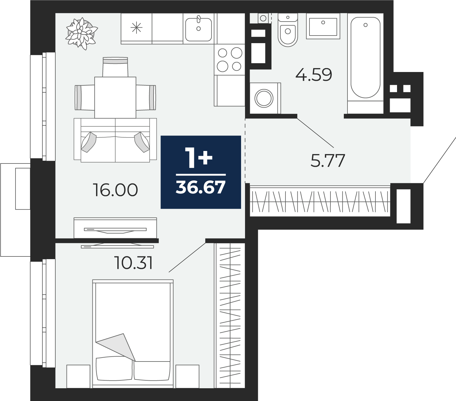 Планировка: Евродвушка 36.7 м² в ЖК Айвазовский, 5-й Заречный