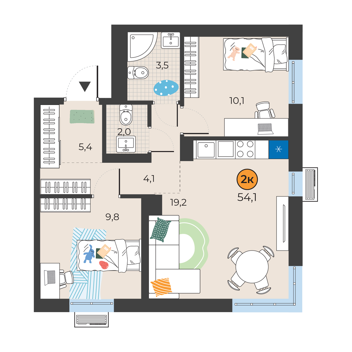 Планировка: Евротрешка 54.1 м² в ЖК Корней, Южный