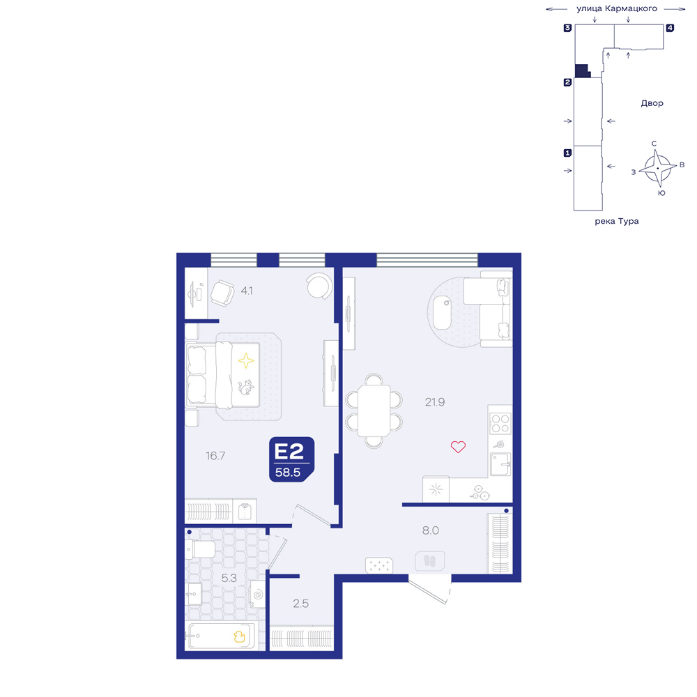 Планировка: Евродвушка 58.5 м² в ЖК Космо, 5-й Заречный