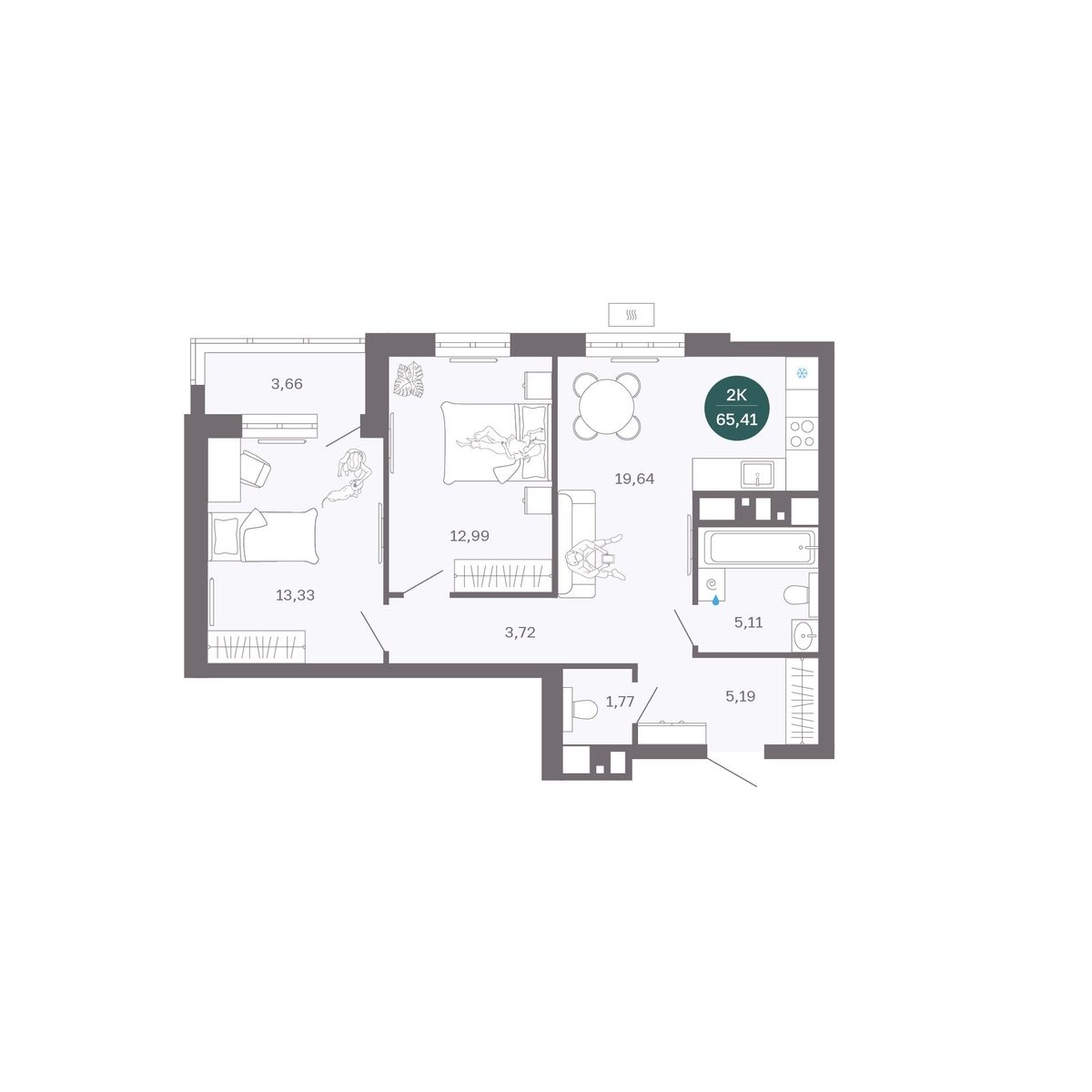Планировка: Евротрешка 65.4 м² в ЖК Румянский, Центр: Студгородок