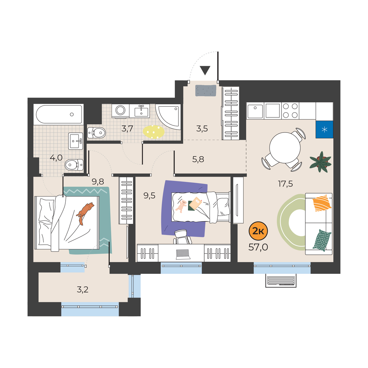 Планировка: Евротрешка 54.8 м² в ЖК Корней, Южный