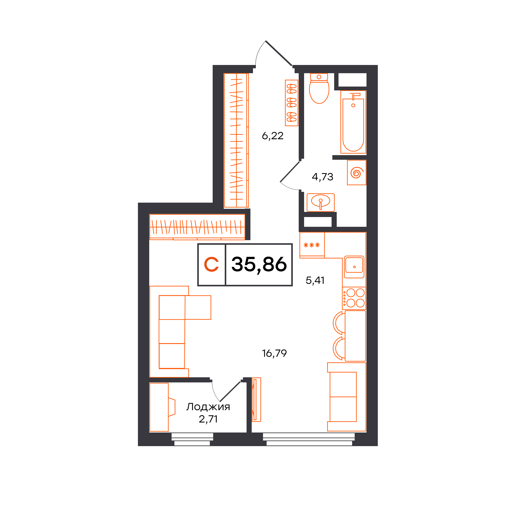 Планировка: Студия 35.9 м² в ЖК Отличие, Комарово Парк