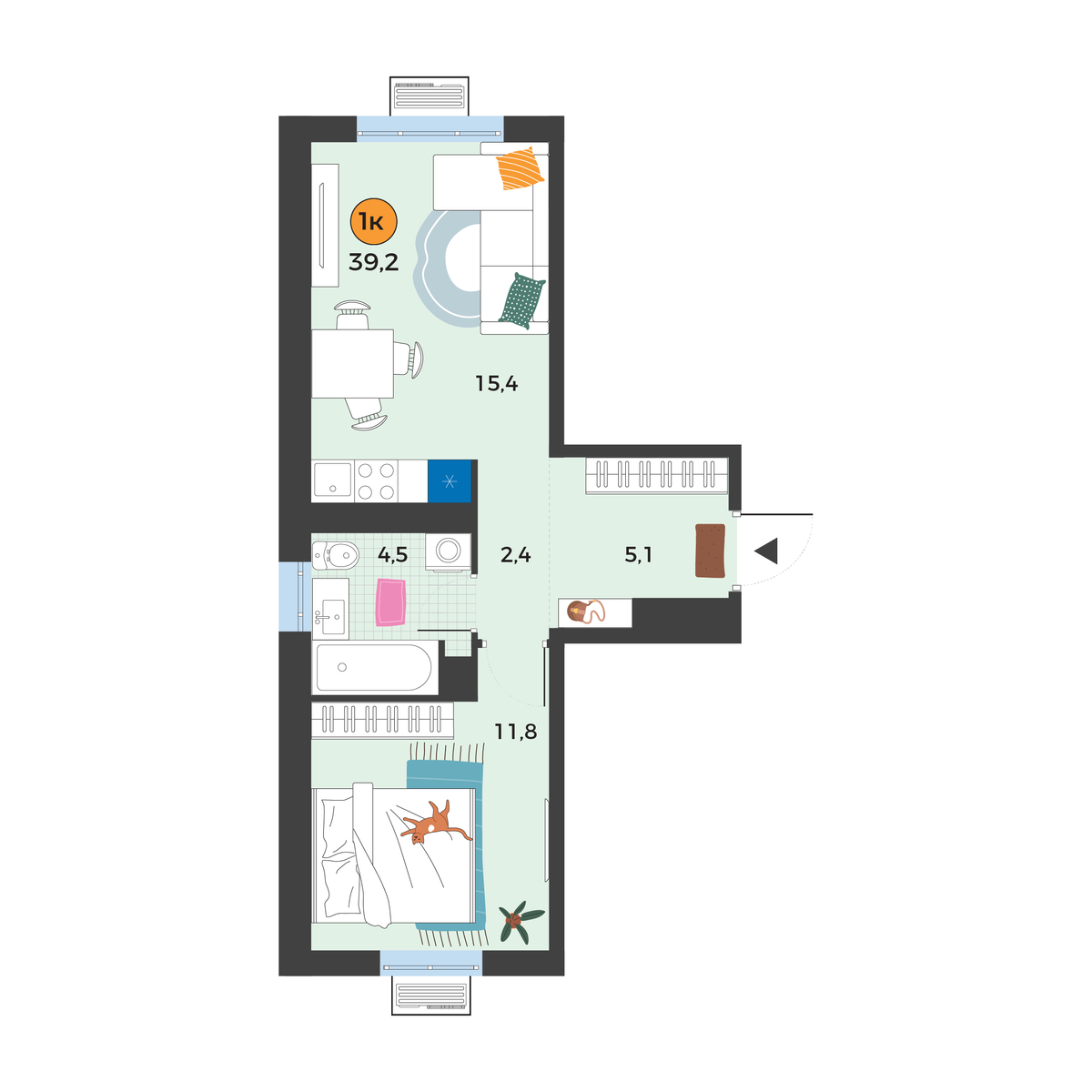 Планировка: Евродвушка 39.2 м² в ЖК Корней, Южный