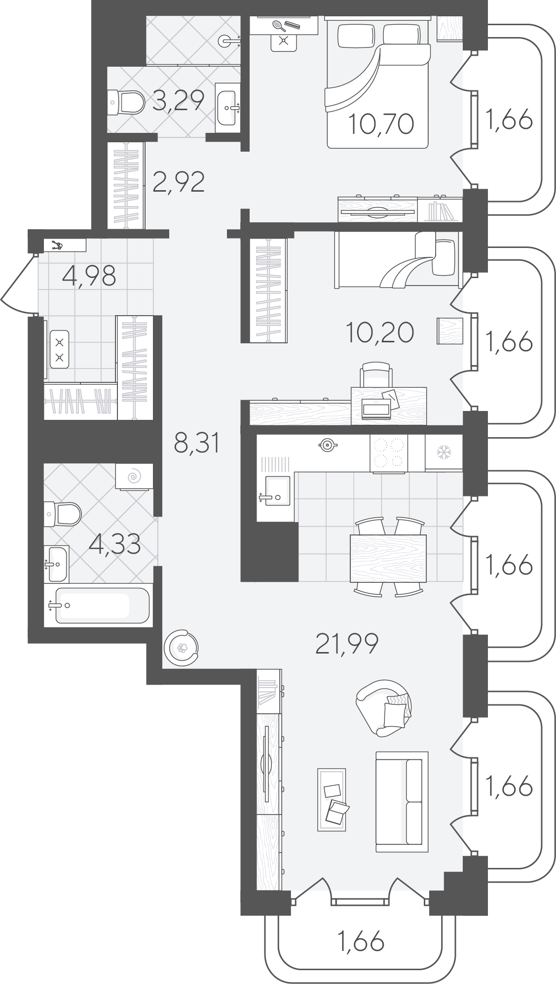 Планировка: Евротрешка 75 м² в ЖК Скандиа. Квартал в Слободе, Тюменская слобода