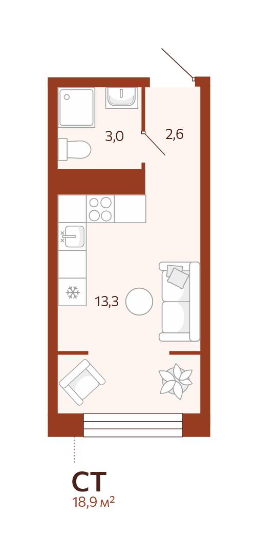 Планировка: Студия 18.9 м² в ЖК Новатор, Центр: КПД