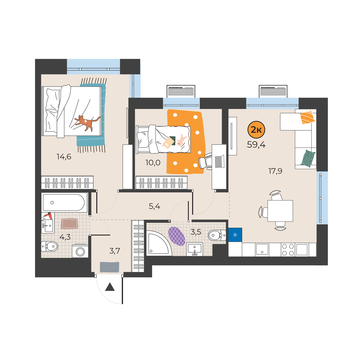 Планировка: Евротрешка 59.4 м² в ЖК Корней, Южный