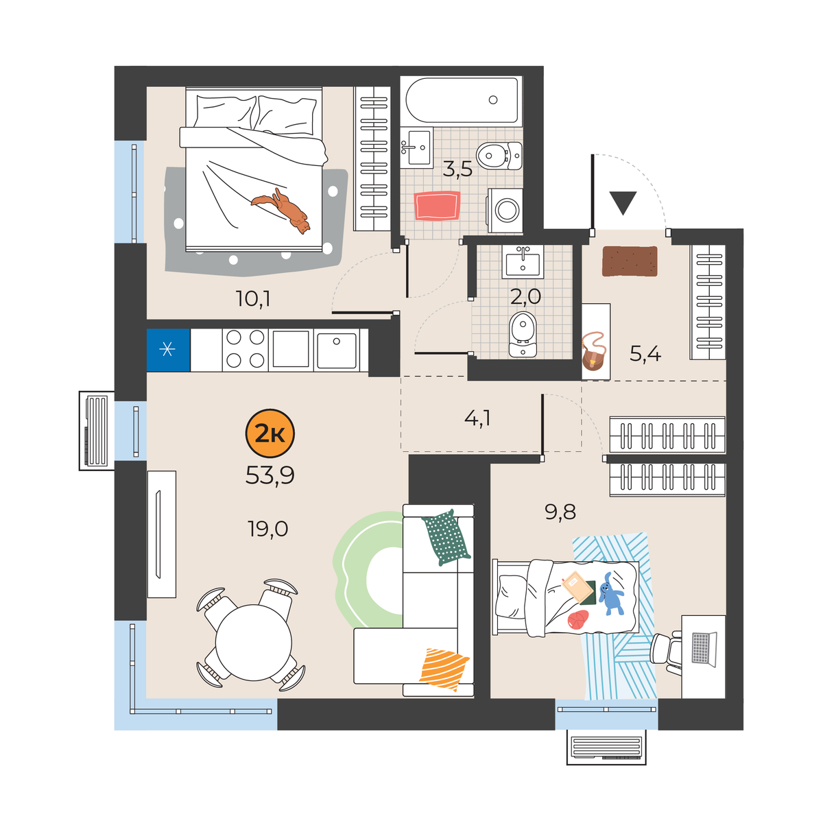 Планировка: Евротрешка 53.9 м² в ЖК Корней, Южный