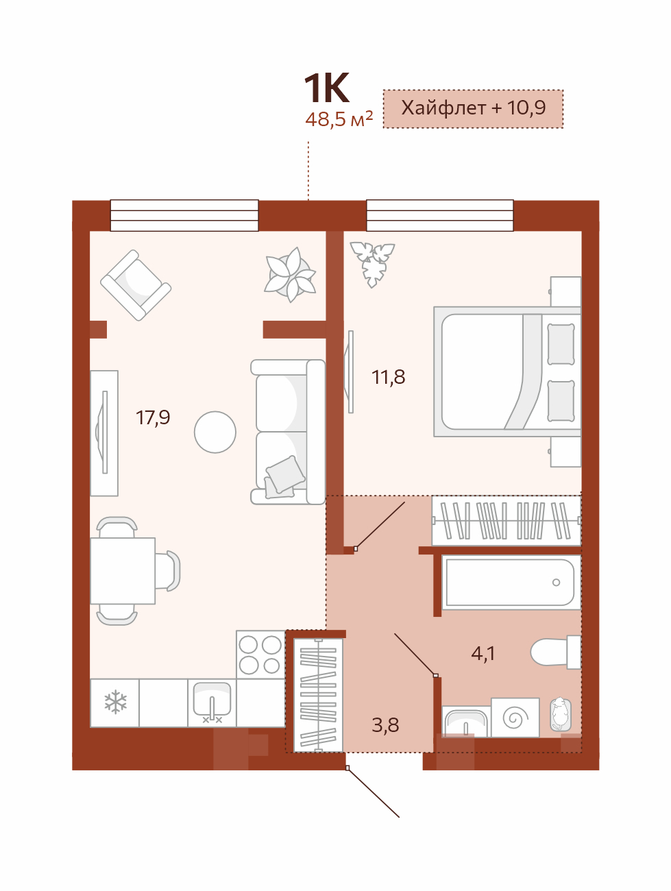 Планировка: Евродвушка 37.6 м² в ЖК Новатор, Центр: КПД