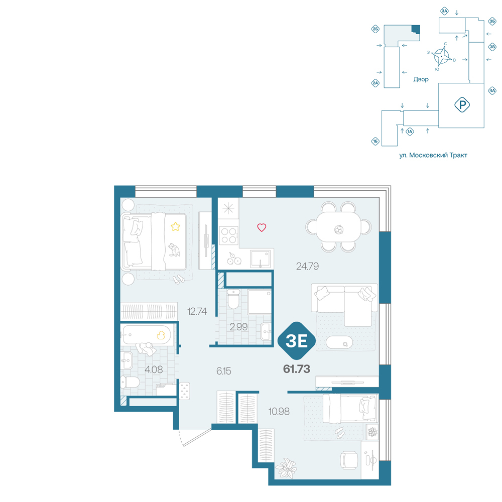 Планировка: Евротрешка 61.7 м² в ЖК Сибирский, Московский тракт