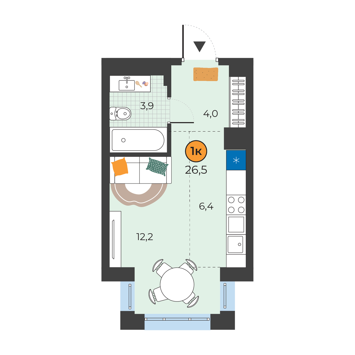 Планировка: Студия 26.5 м² в ЖК Корней, Южный
