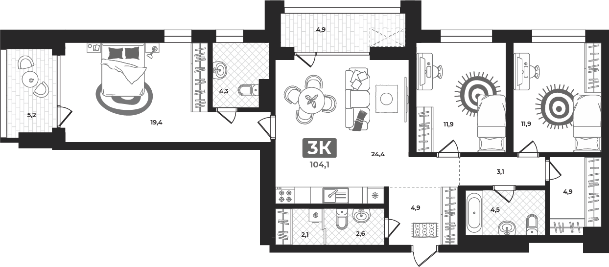 Планировка: 4-комнатная евро 103.6 м² в ЖК Маэстро, 5-й Заречный