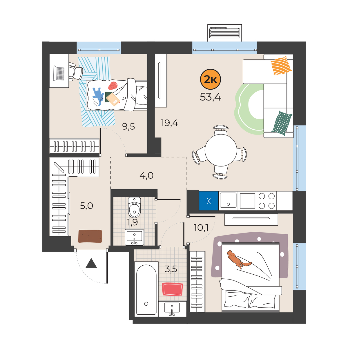 Планировка: Евротрешка 53.4 м² в ЖК Корней, Южный