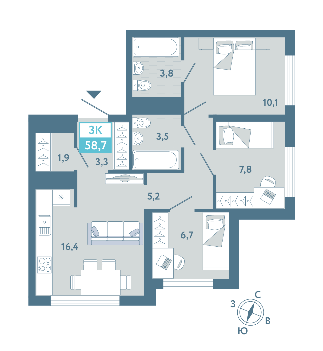 Планировка: 4-комнатная евро 58.7 м² в ЖК AIRIS, Комарово Парк