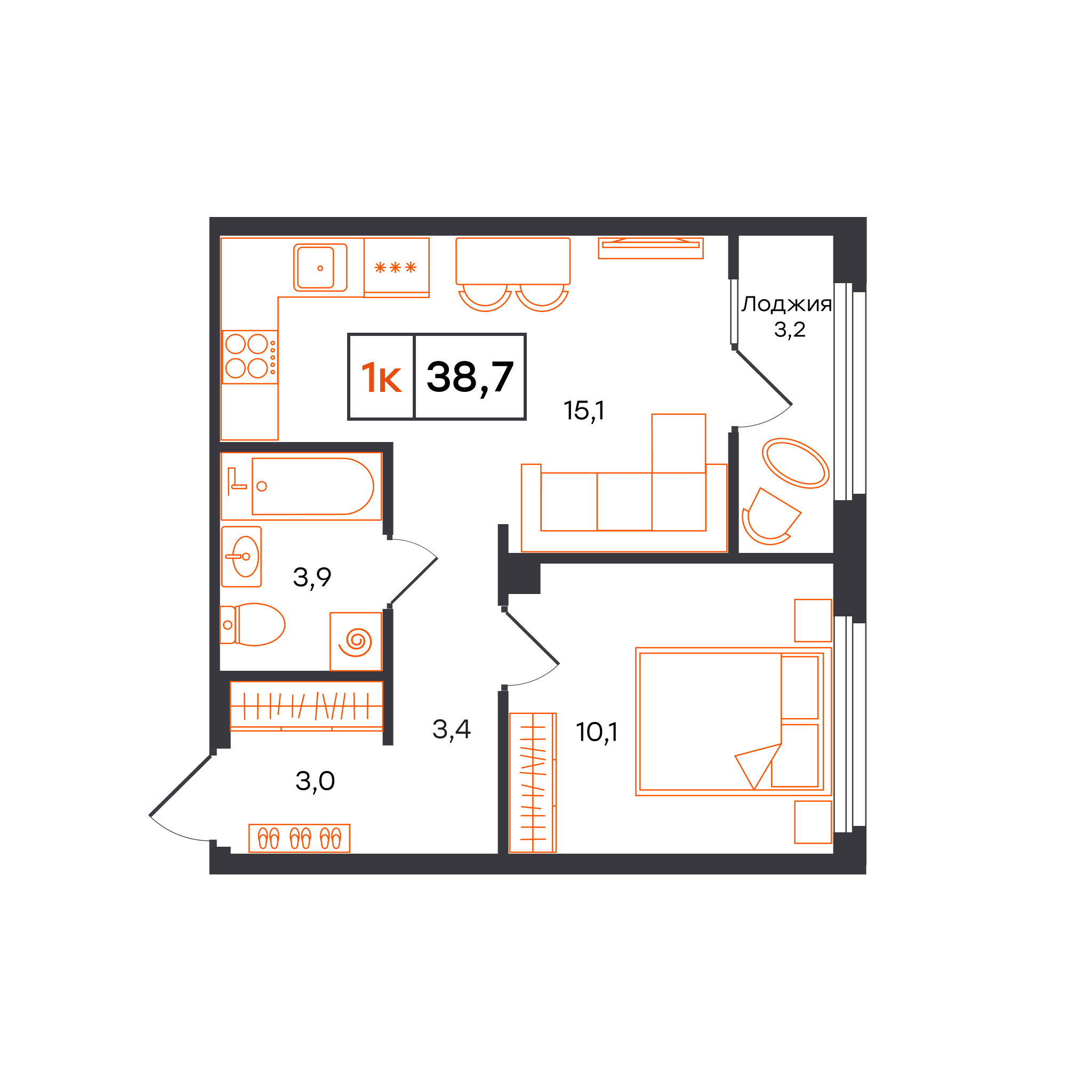 Планировка: Евродвушка 38.7 м² в ЖК Отличие, Комарово Парк