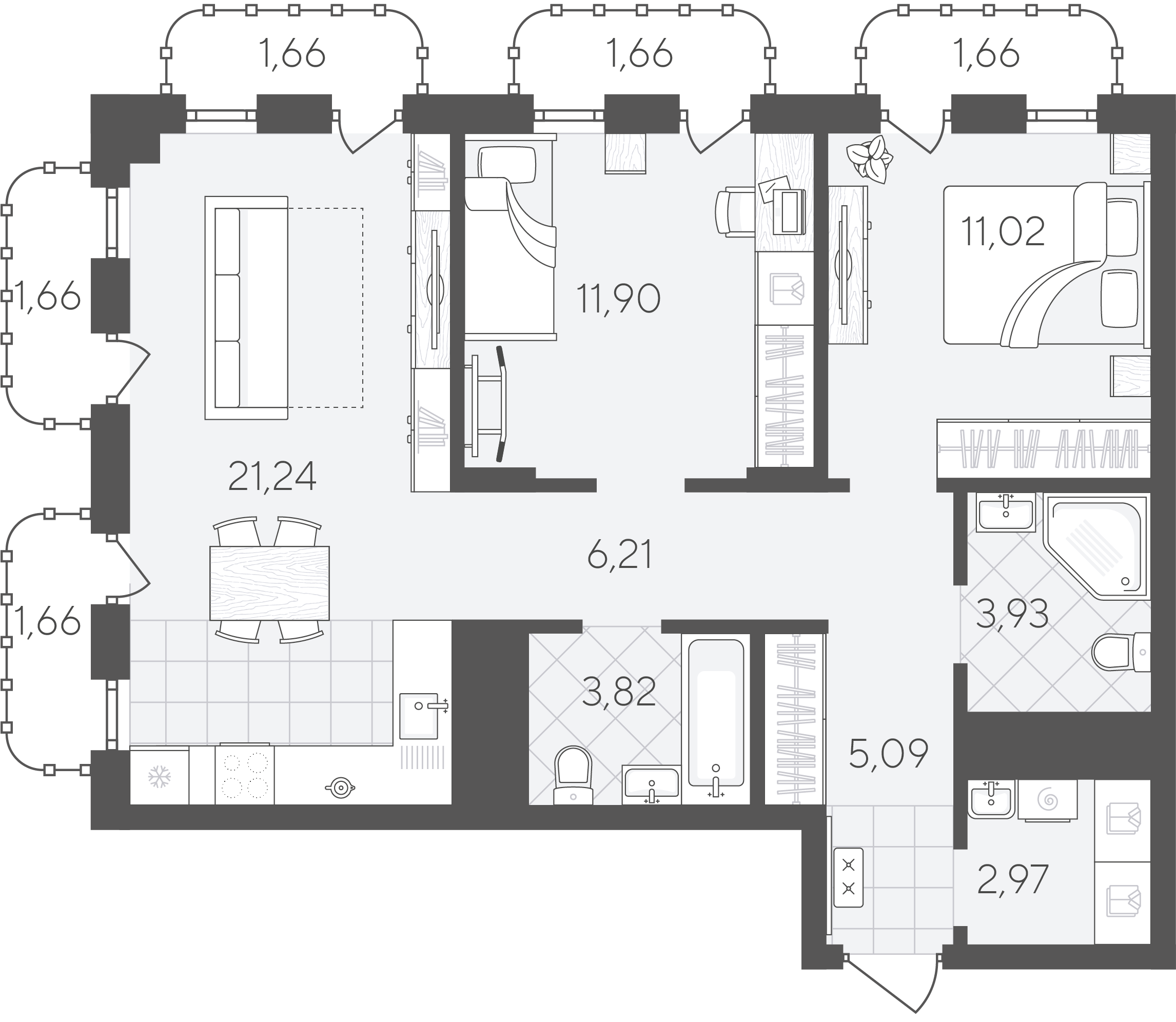 Планировка: Евротрешка 74.5 м² в ЖК Скандиа. Квартал в Слободе, Тюменская слобода