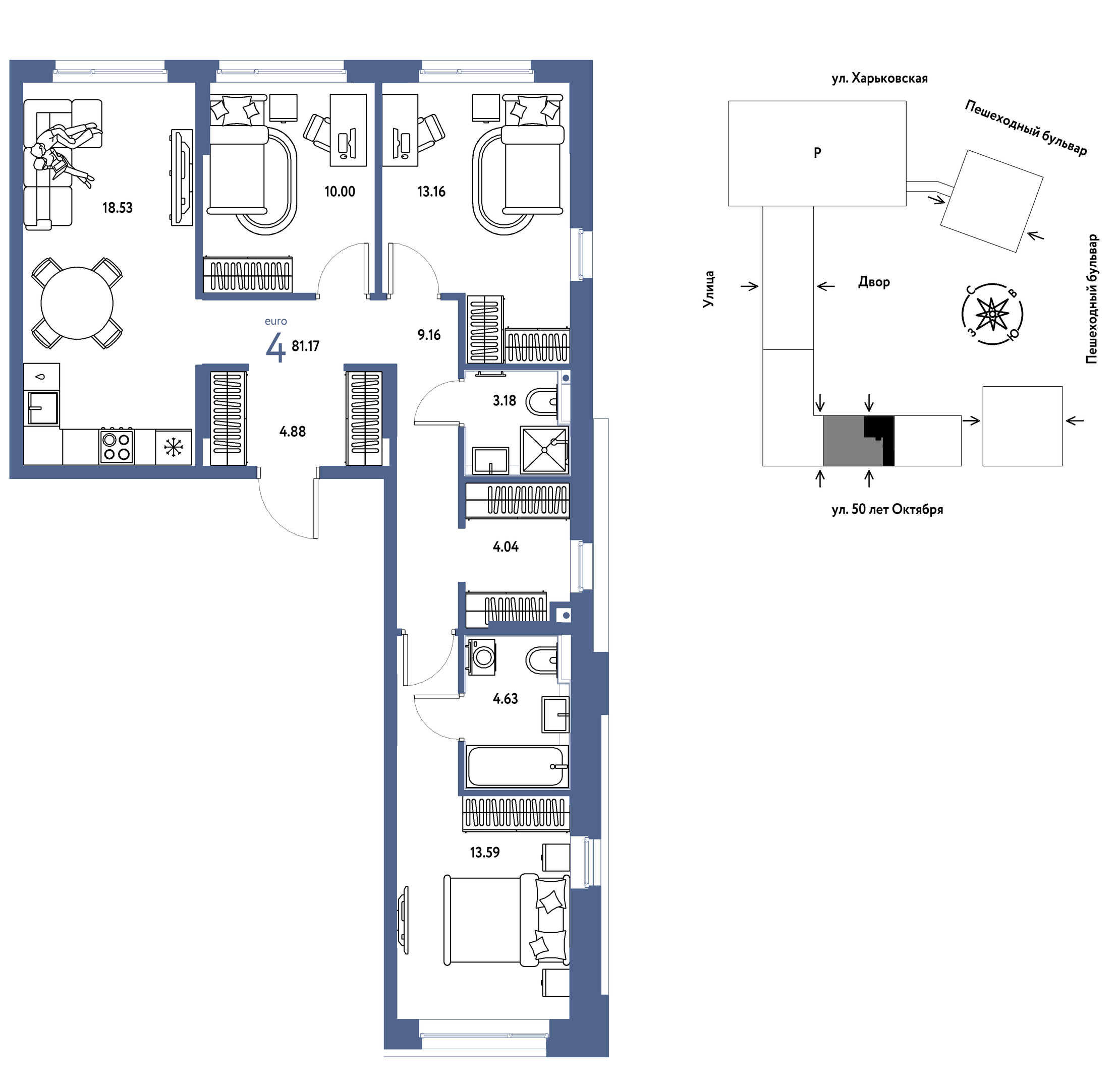 Планировка: 4-комнатная евро 81.2 м² в ЖК Сердце Сибири, Центр: КПД