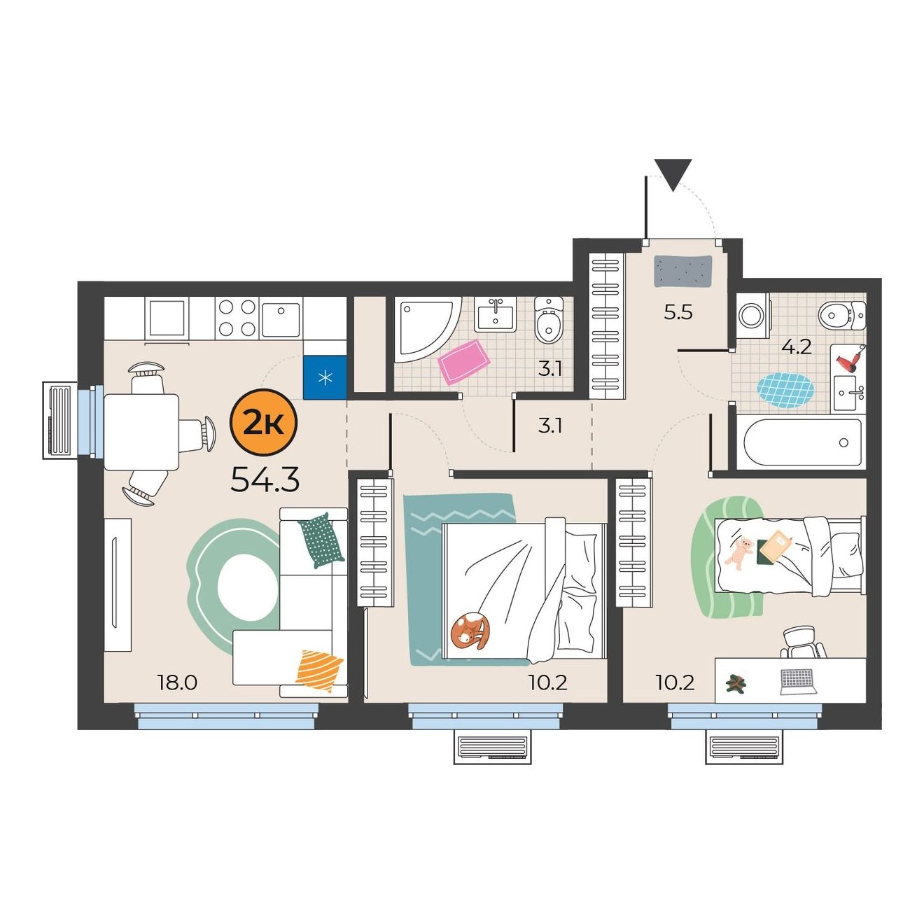 Планировка: Формат уточняется 54.3 м² в ЖК Корней, Южный