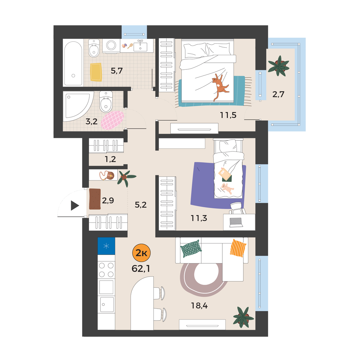 Планировка: Евротрешка 60.2 м² в ЖК Корней, Южный