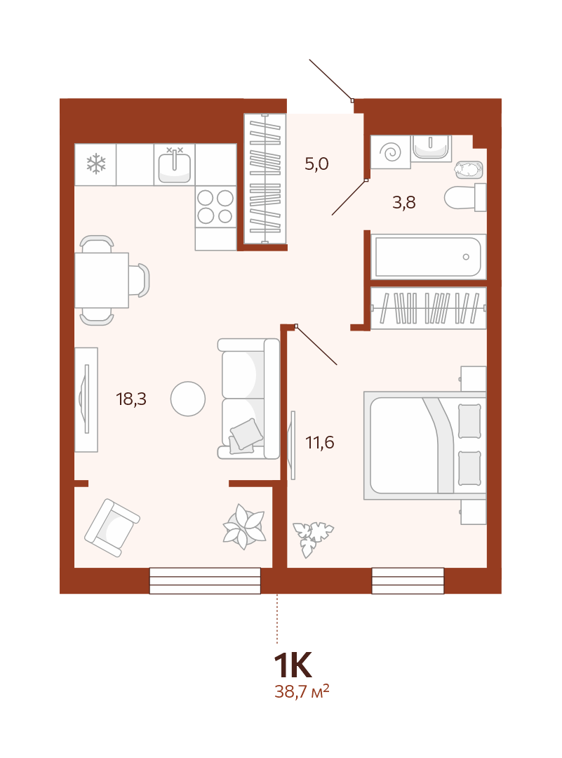 Планировка: Евродвушка 38.6 м² в ЖК Новатор, Центр: КПД