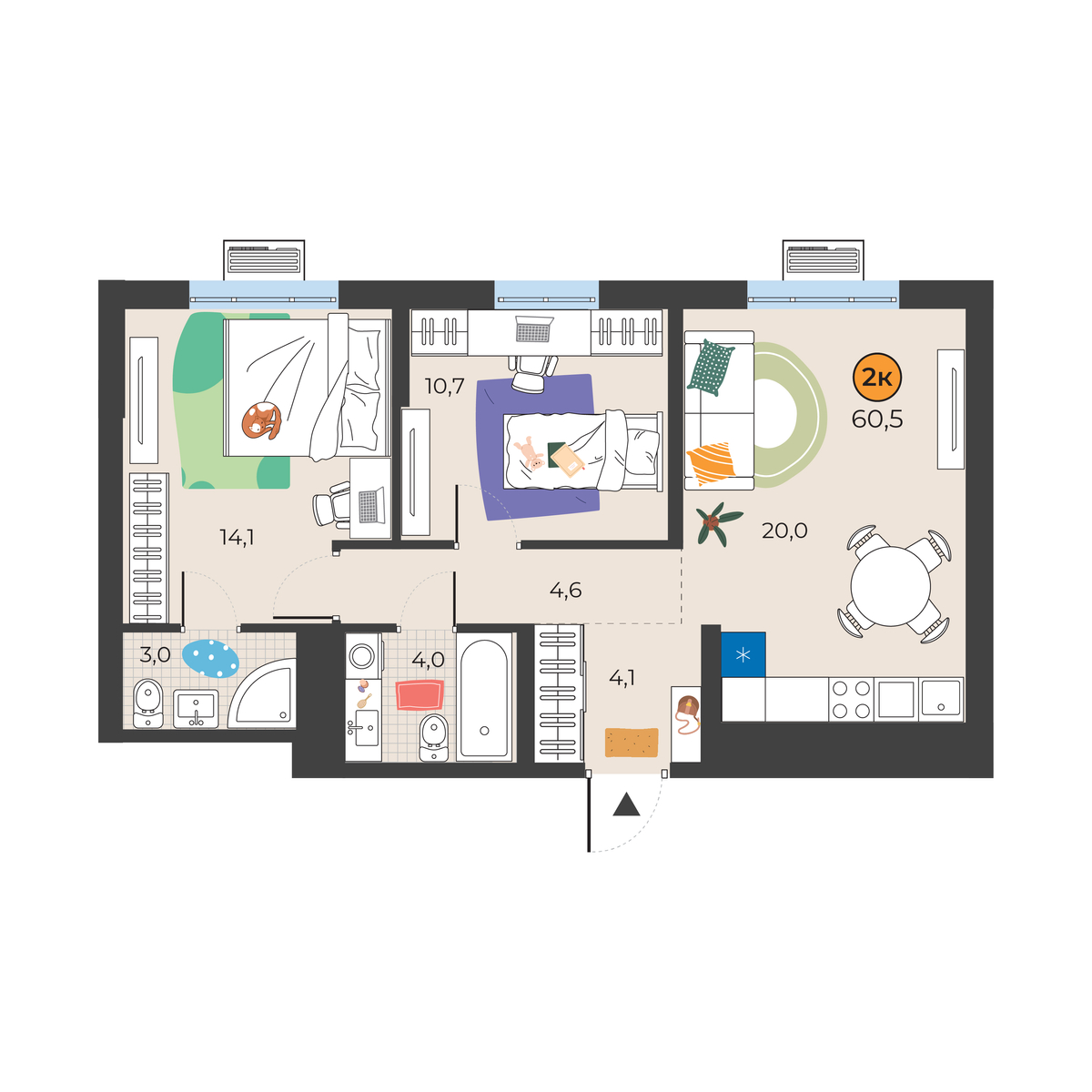 Планировка: Евротрешка 60.5 м² в ЖК Корней, Южный