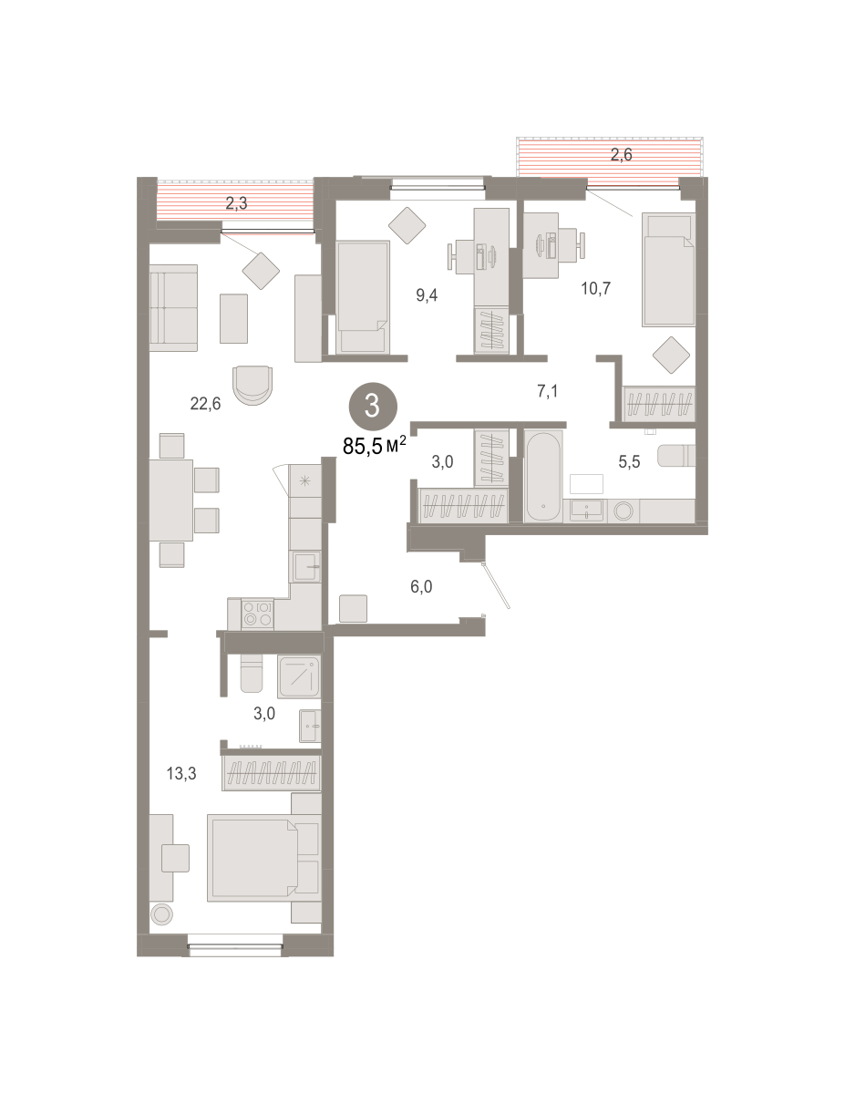 Планировка: 4-комнатная евро 85.5 м² в ЖК Октябрьский на Туре, ДОК