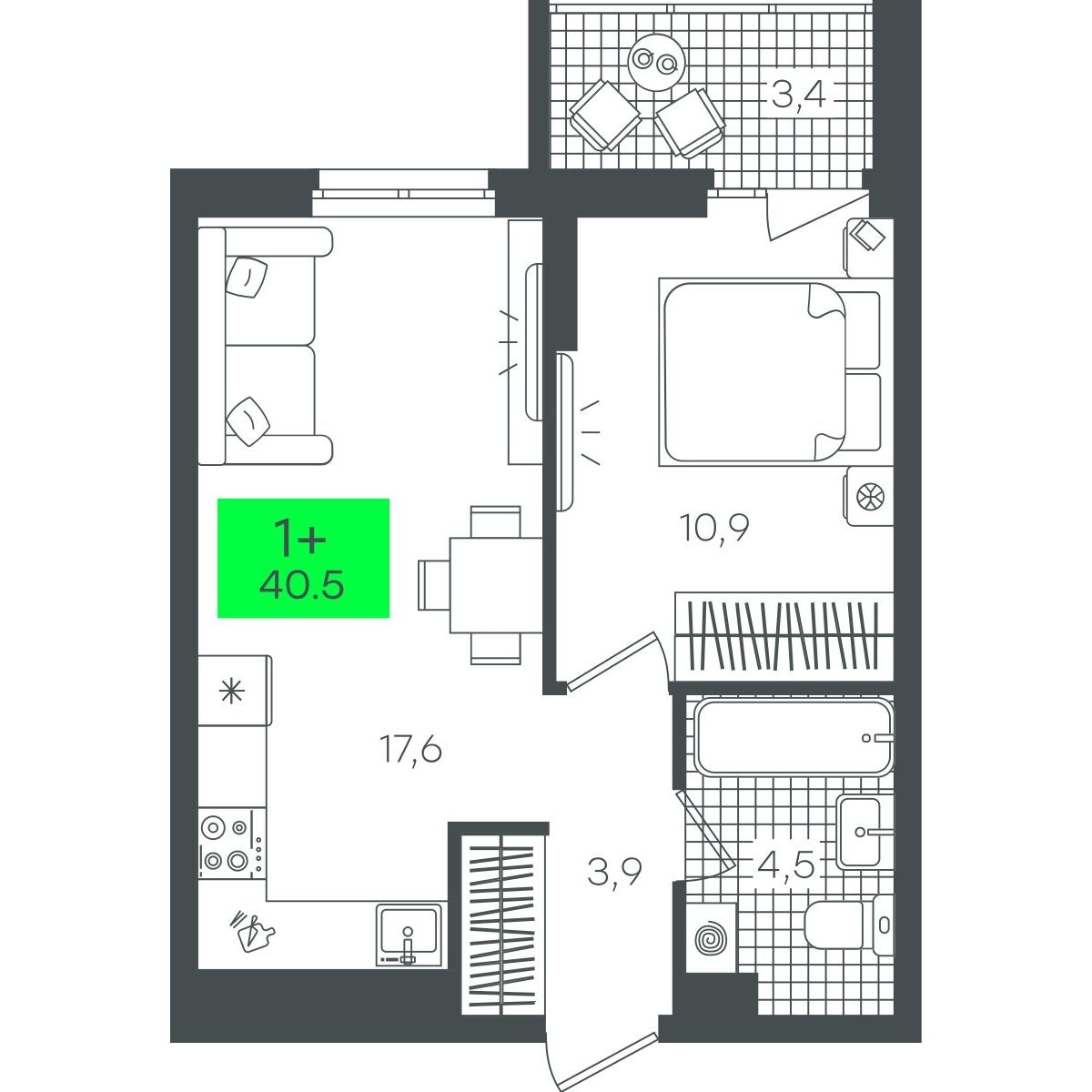 Планировка: Евродвушка 40.5 м² в ЖК Гранд Квартал, Комарово Парк