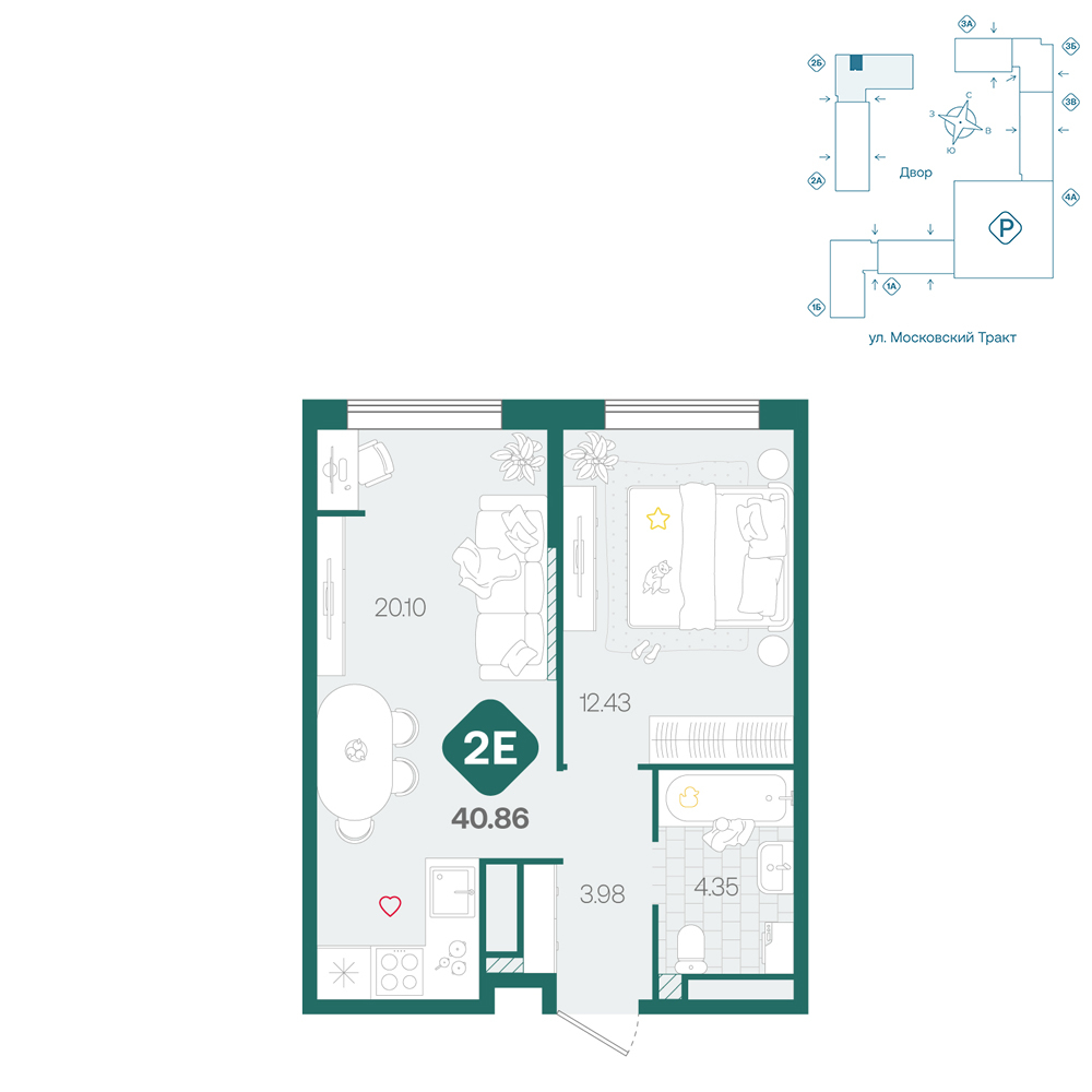Планировка: Евродвушка 40.9 м² в ЖК Сибирский, Московский тракт