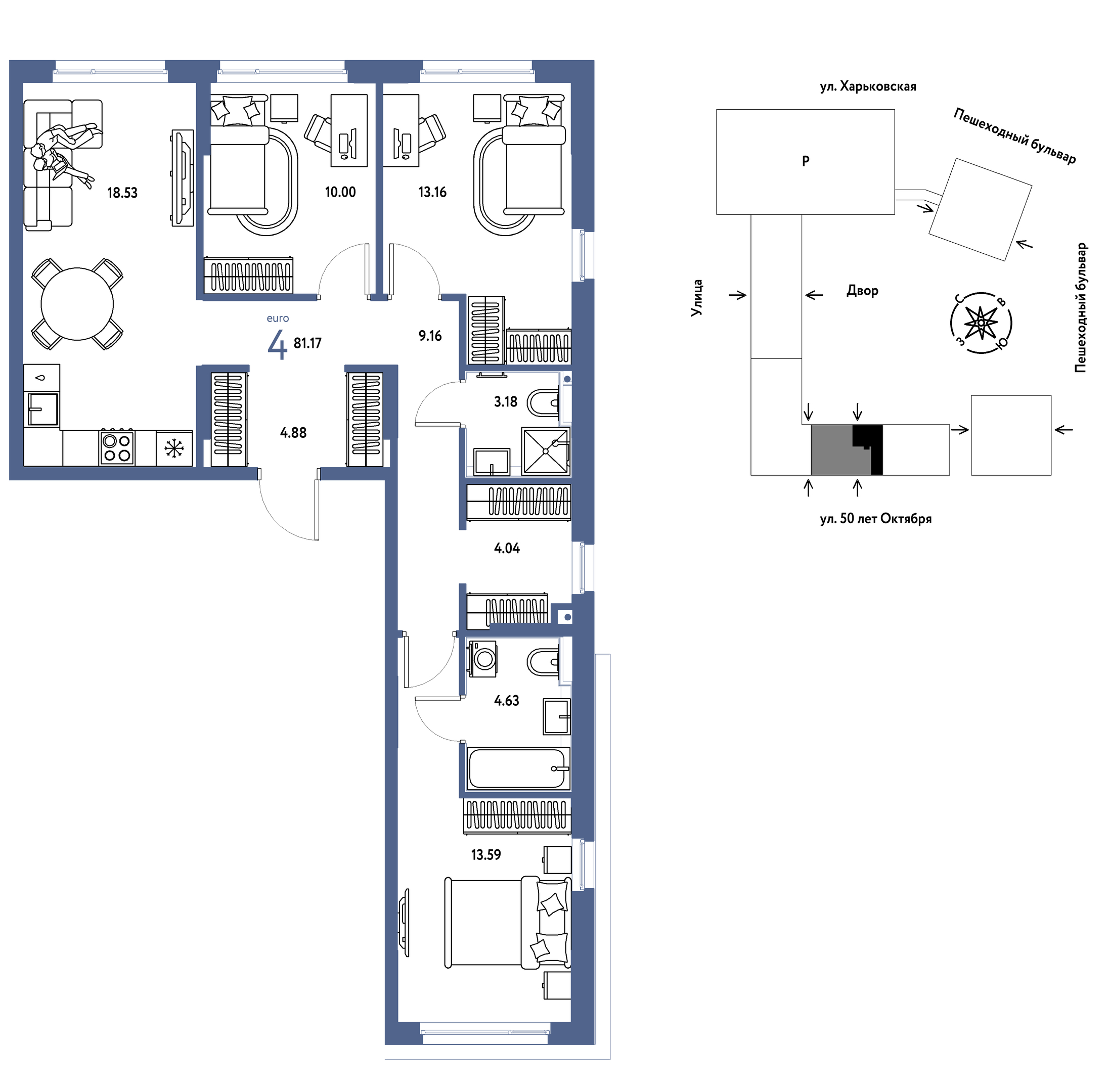 Планировка: 4-комнатная евро 81.2 м² в ЖК Сердце Сибири, Центр: КПД