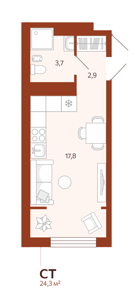 Планировка: Студия 24.2 м² в ЖК Новатор, Центр: КПД