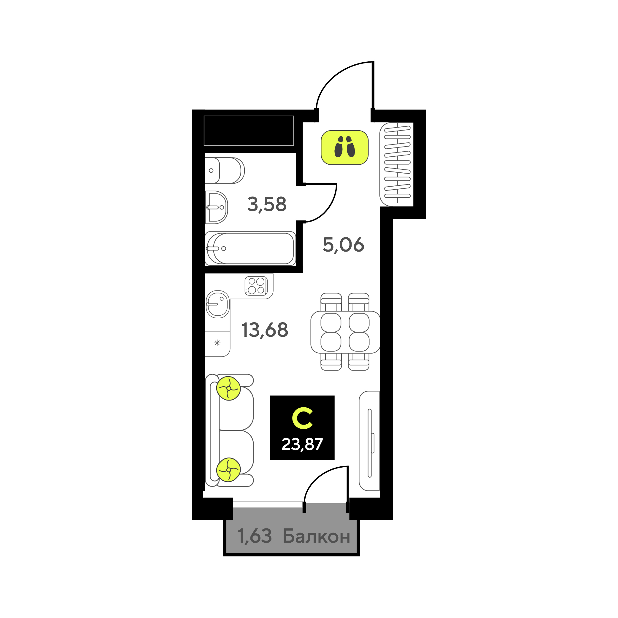 Планировка: Студия 23.9 м² в ЖК Мотивы, От Плеханова до Южного