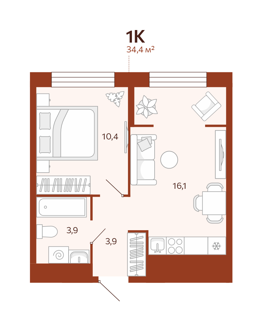 Планировка: Евродвушка 34.4 м² в ЖК Новатор, Центр: КПД