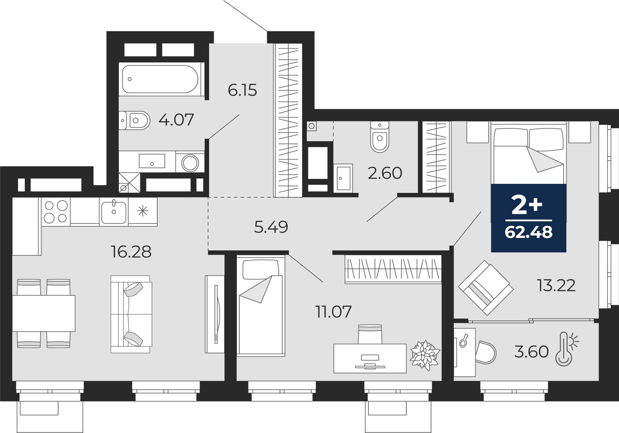 Планировка: Евротрешка 62.5 м² в ЖК Айвазовский, 5-й Заречный