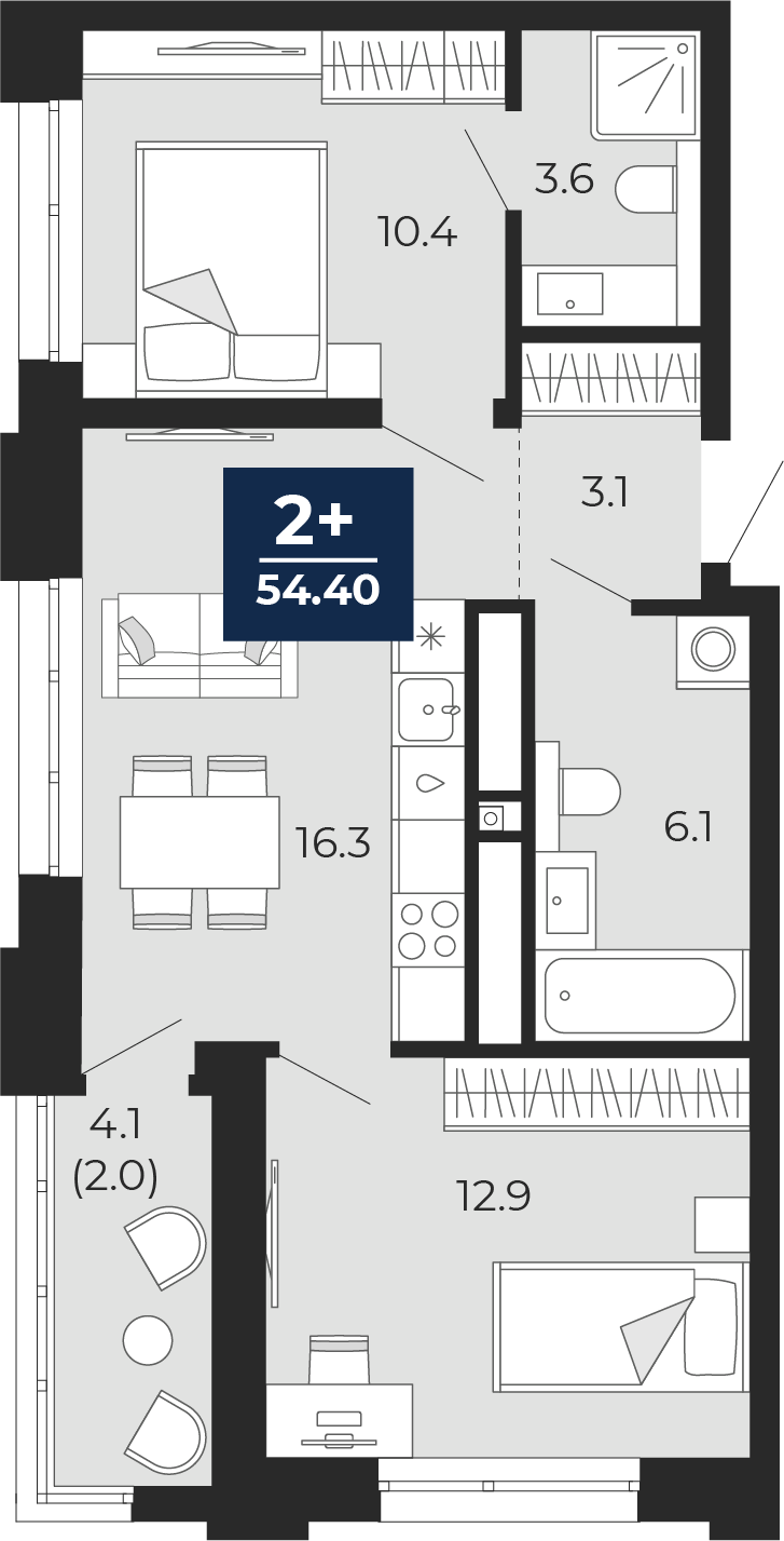 Планировка: Евротрешка 52.4 м² в ЖК Мириады, Мыс