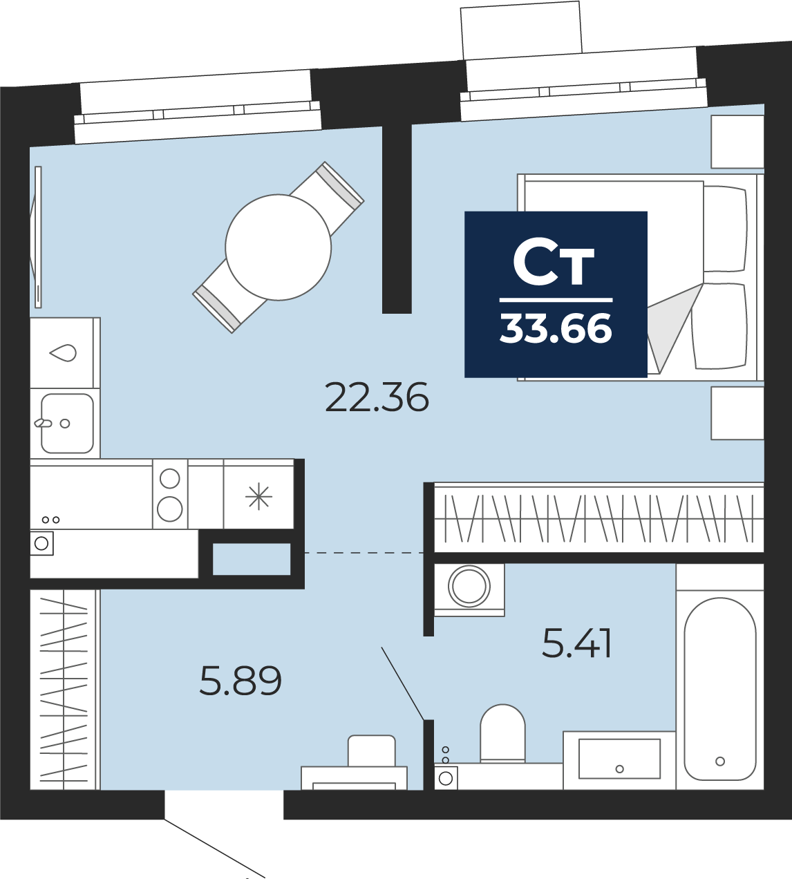 Планировка: Студия 33.7 м² в ЖК Прео, Тюменская слобода