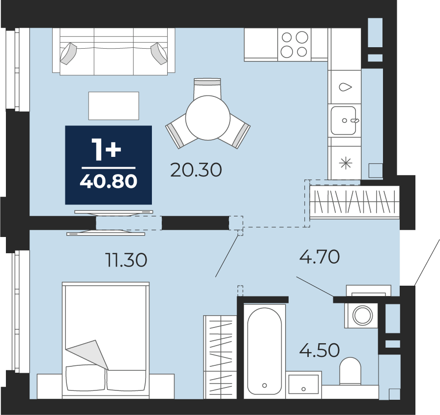 Планировка: Евродвушка 40.8 м² в ЖК Айвазовский, 5-й Заречный