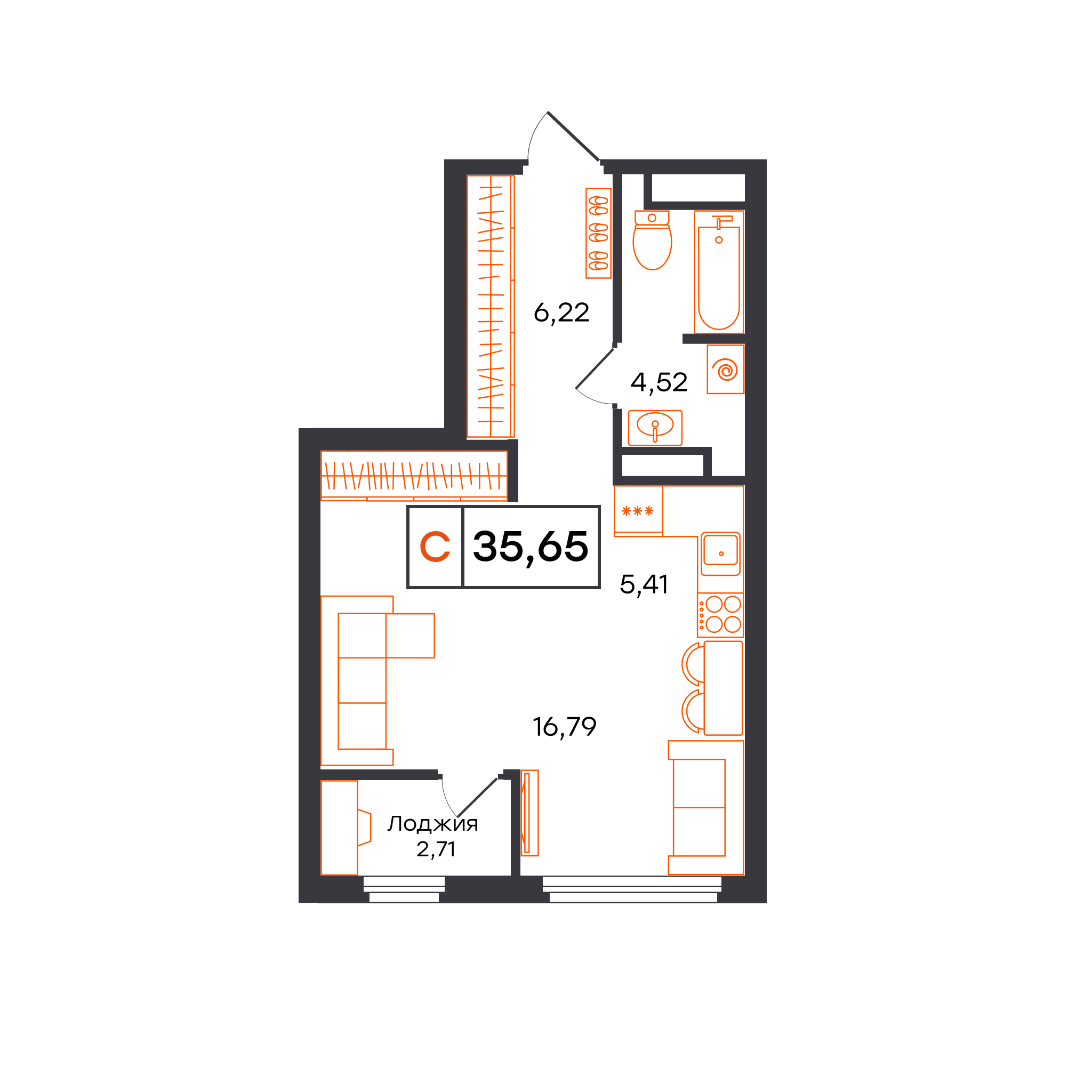 Планировка: Студия 35.6 м² в ЖК Отличие, Комарово Парк