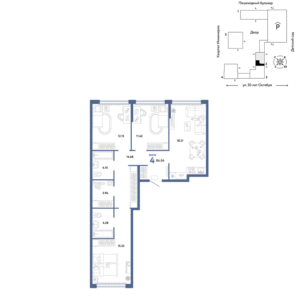 Планировка: 4-комнатная евро 84 м² в ЖК Сердце Сибири, Центр: КПД