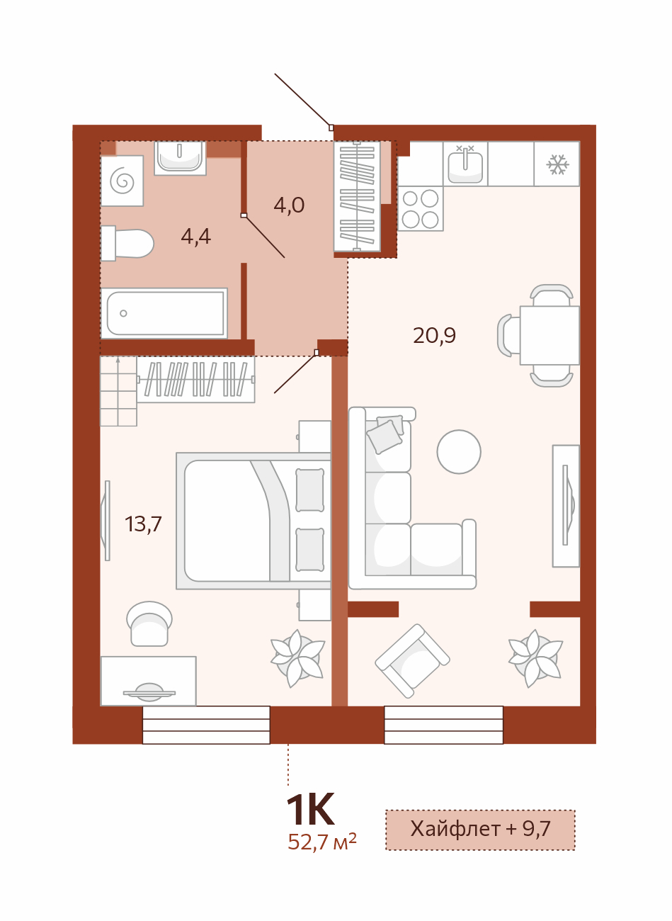 Планировка: Евродвушка 43 м² в ЖК Новатор, Центр: КПД