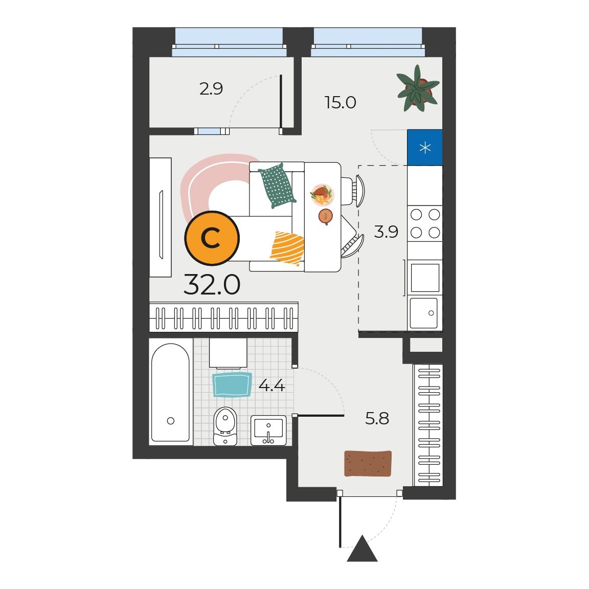 Планировка: Студия 32 м² в ЖК Корней, Южный