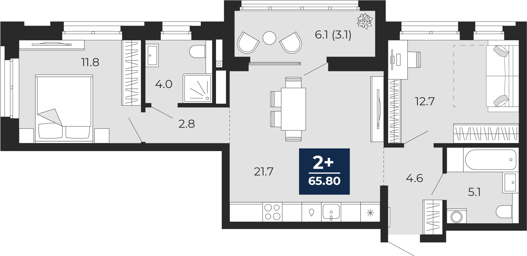 Планировка: Евротрешка 62.7 м² в ЖК Мириады, Мыс