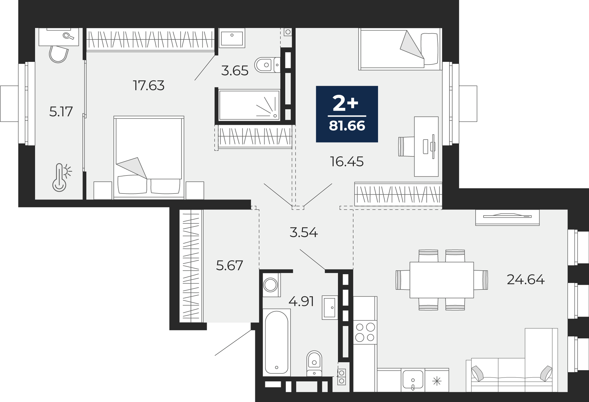 Планировка: Евротрешка 81.7 м² в ЖК Айвазовский, 5-й Заречный