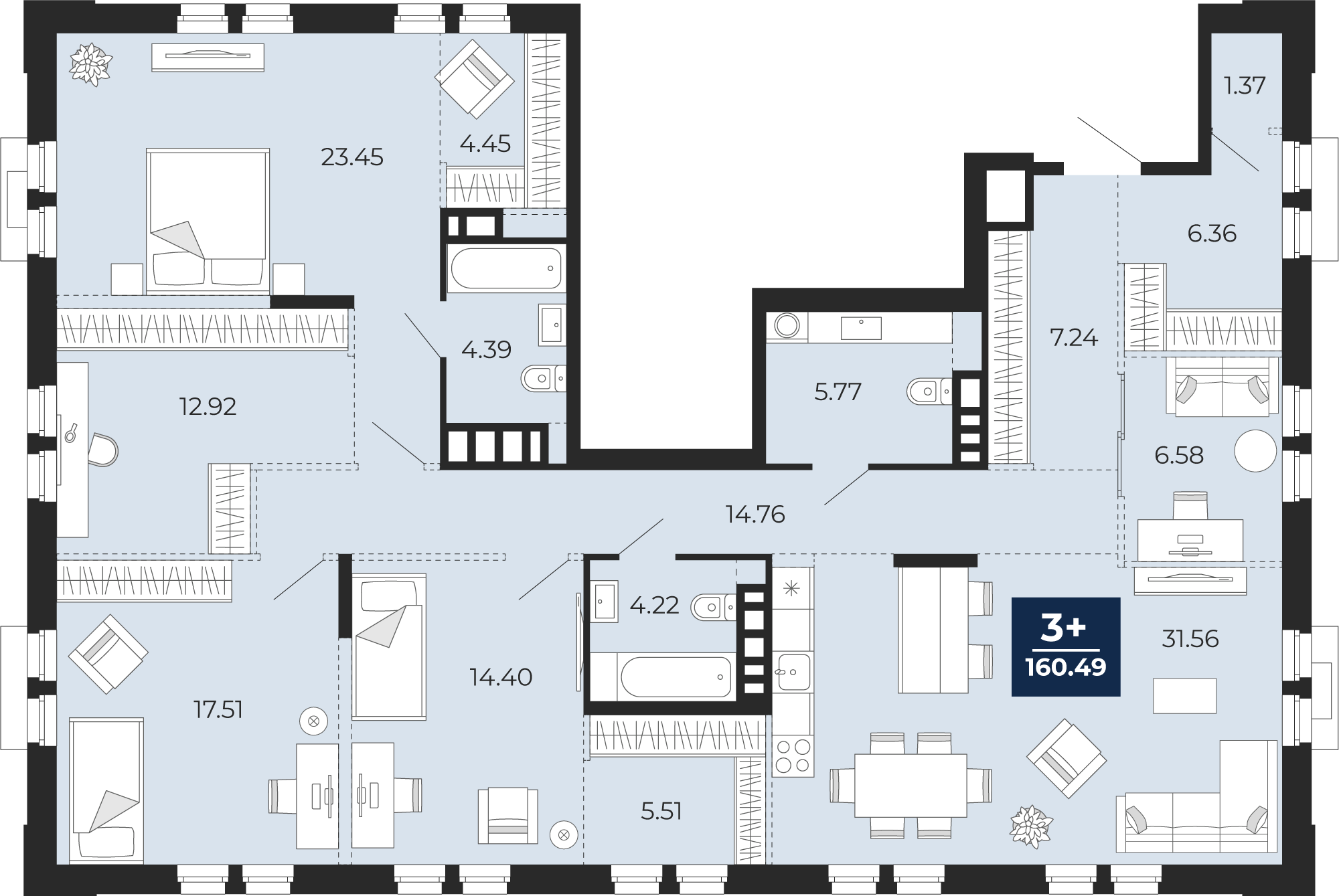 Планировка: 5-комнатная евро 160.5 м² в ЖК Айвазовский, 5-й Заречный