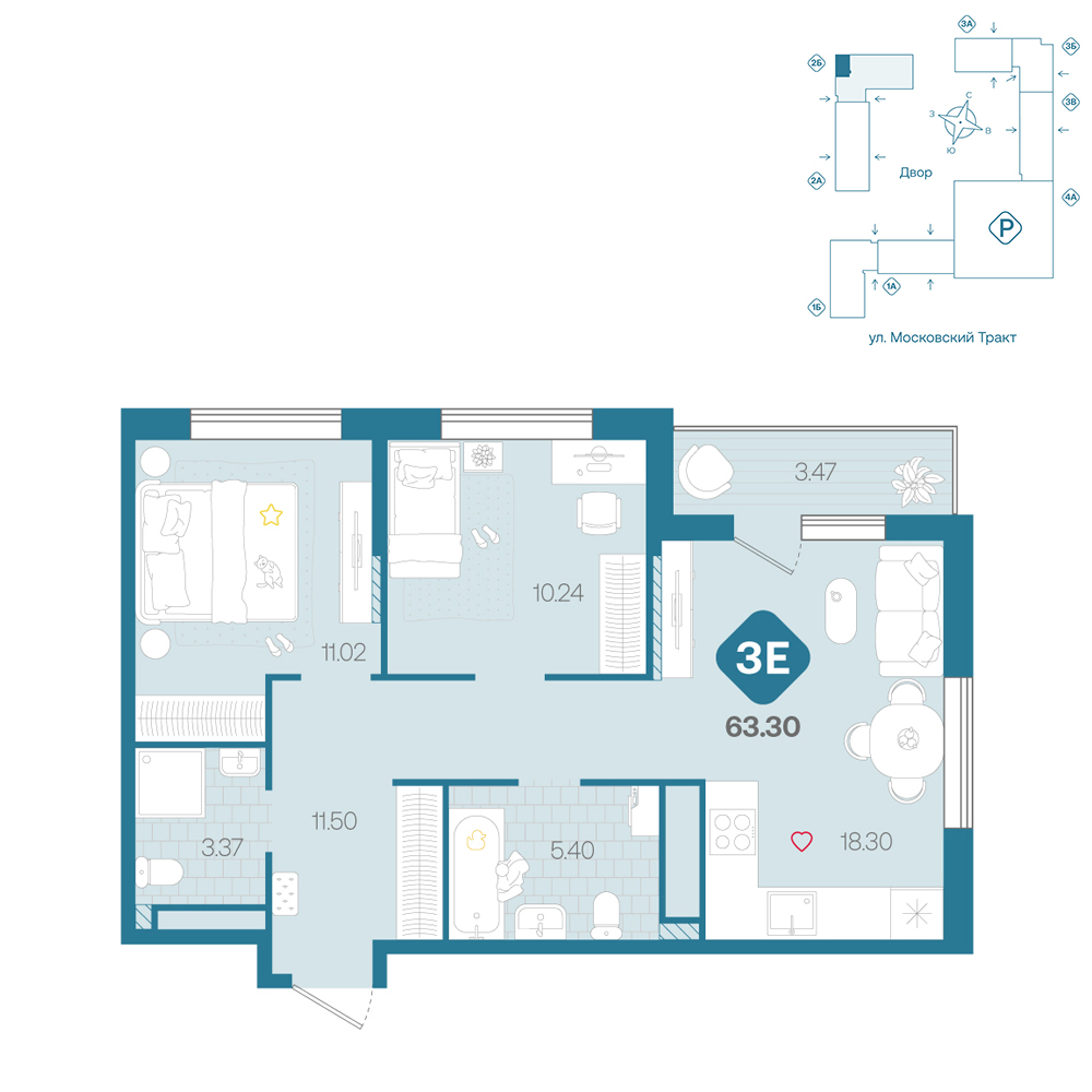 Планировка: Евротрешка 63.3 м² в ЖК Сибирский, Московский тракт