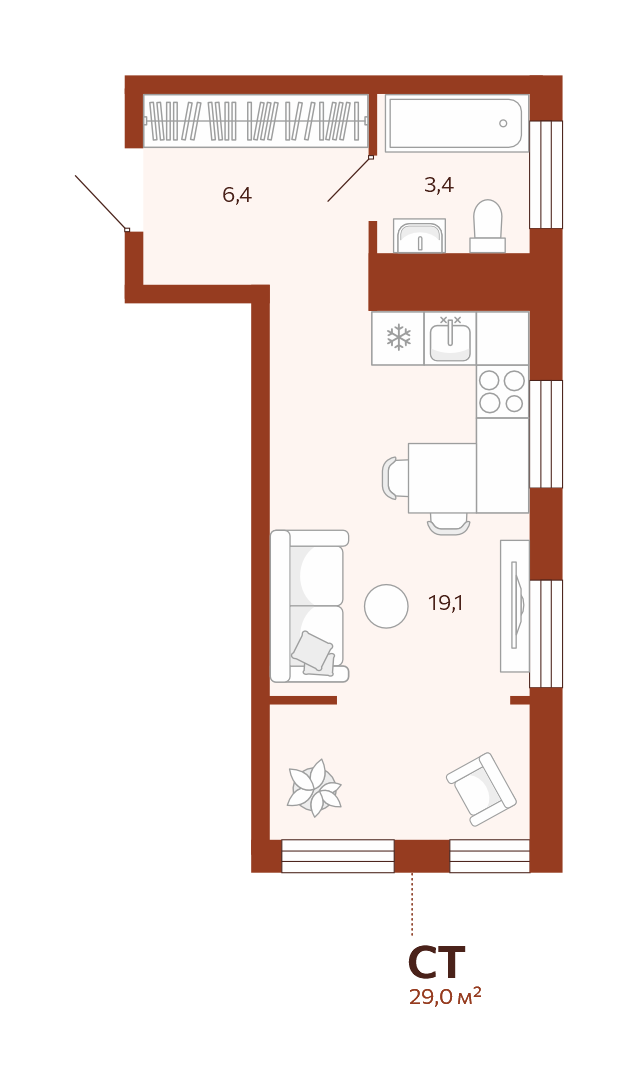 Планировка: Студия 28.9 м² в ЖК Новатор, Центр: КПД