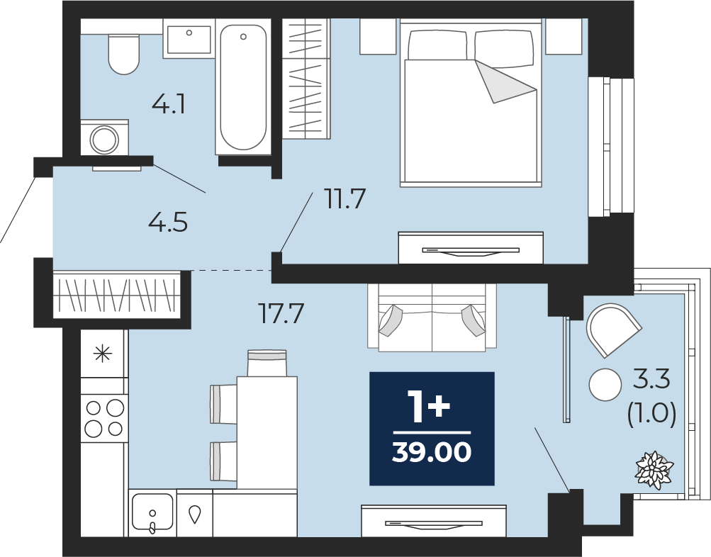 Планировка: Евродвушка 38 м² в ЖК Мириады, Мыс