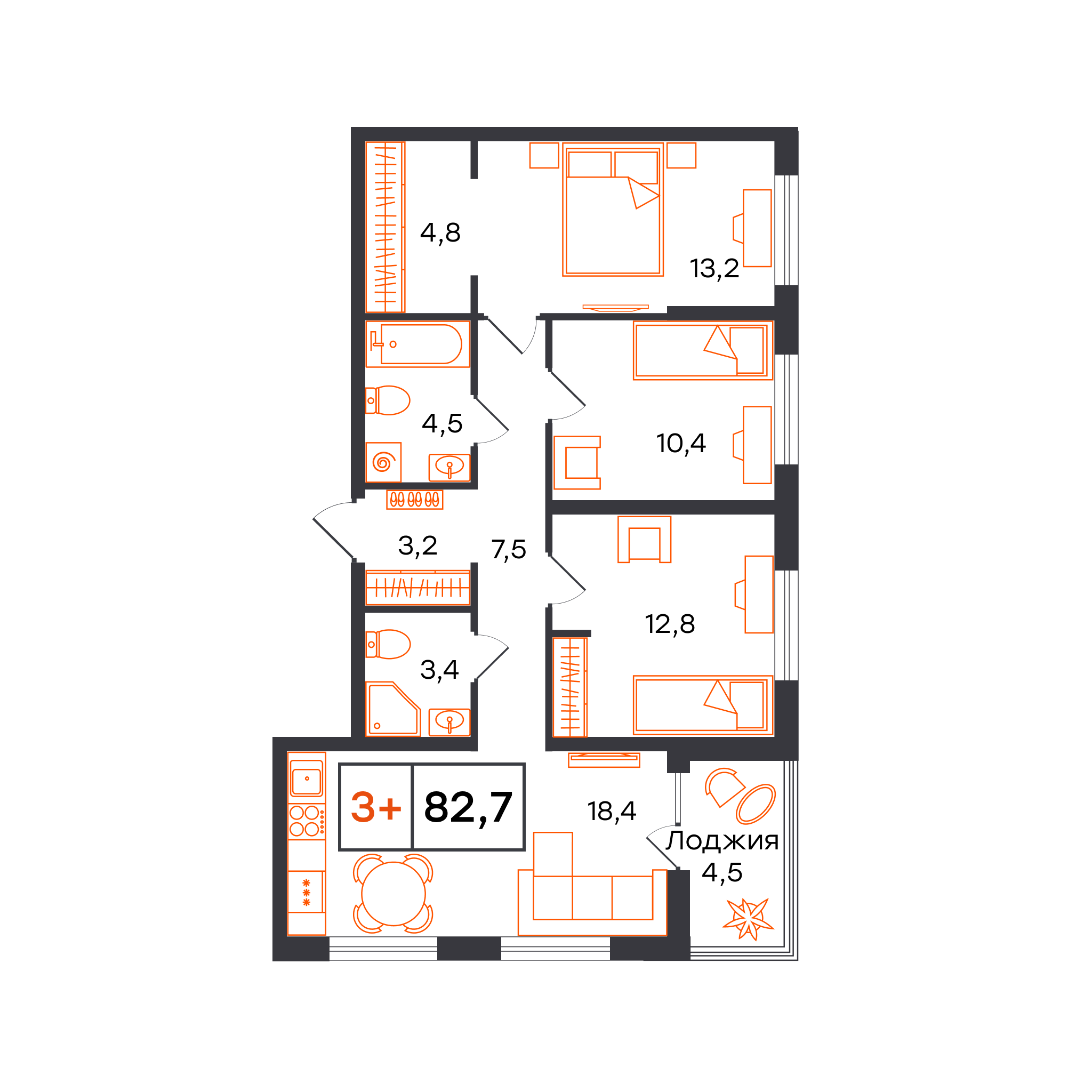 Планировка: 4-комнатная евро 82.7 м² в ЖК Чемпионский, Чемпионский