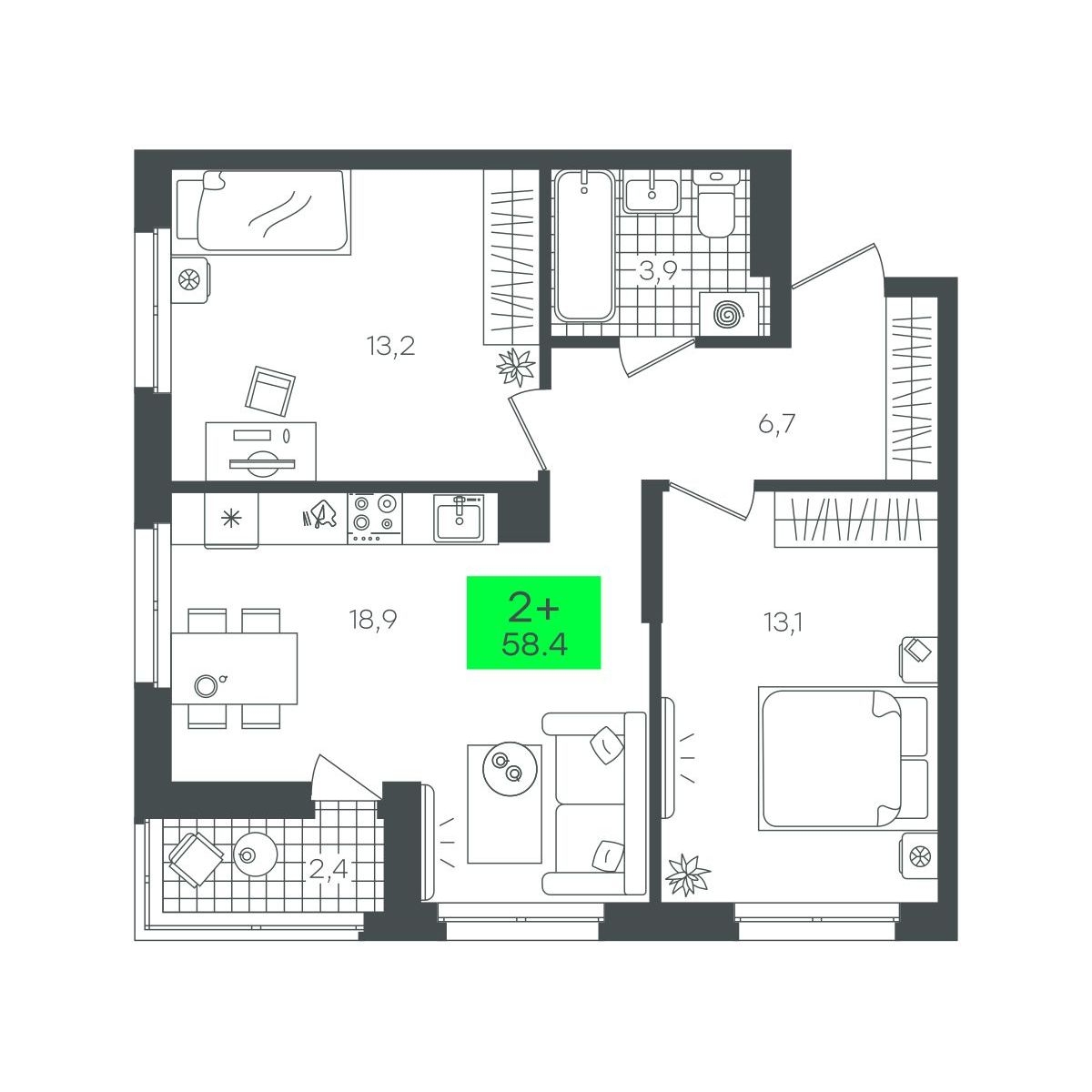 Планировка: Евротрешка 58.5 м² в ЖК Сезоны, От Слободы до Комарово парк